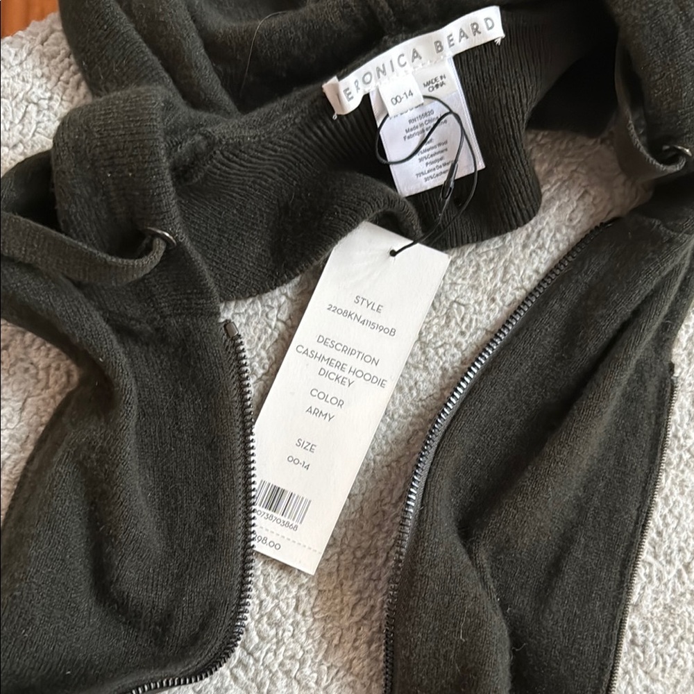 Veronica Beard Army Green Cashmere Hoodie Dickey. NWT
